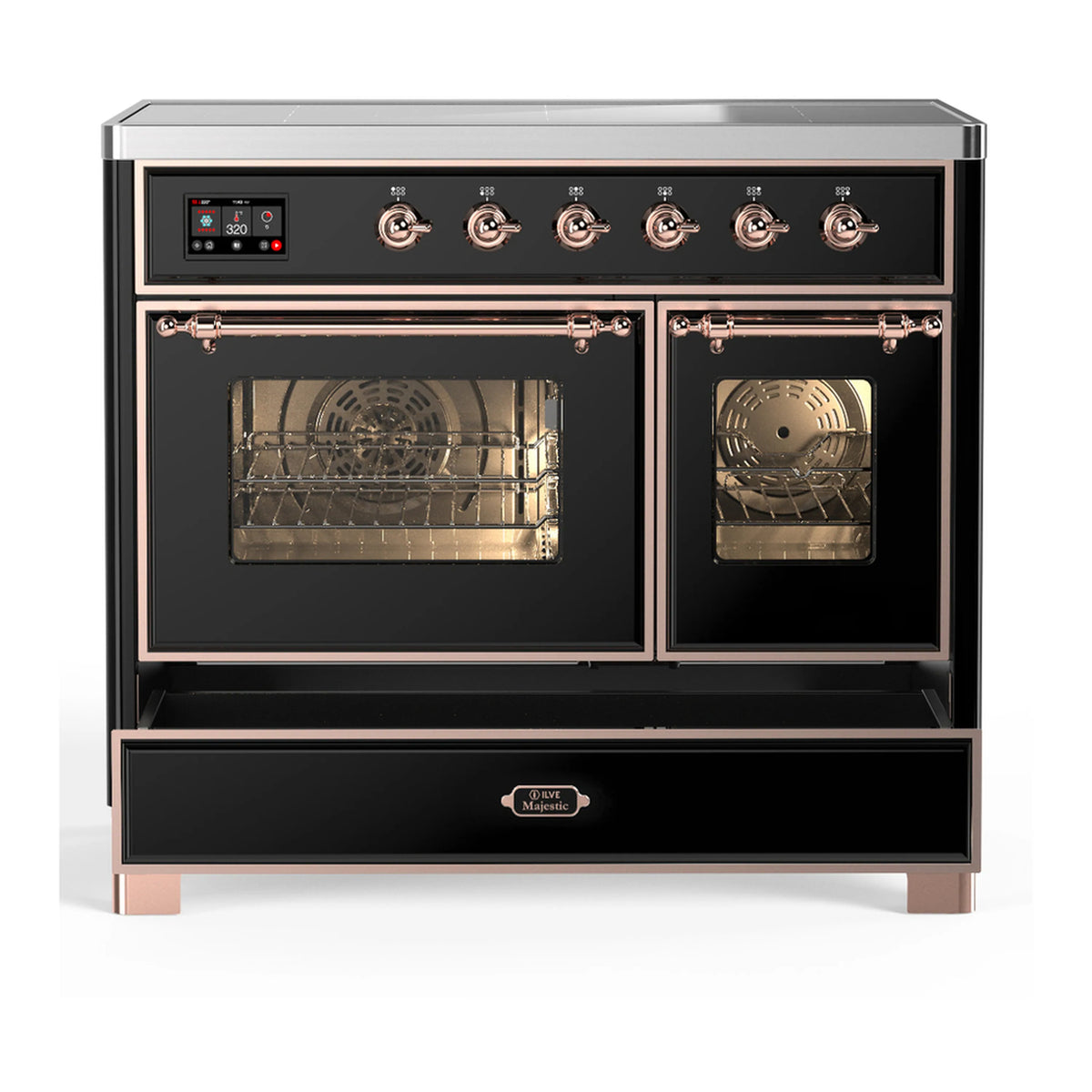 Glossy black induction range with both oven doors open and illuminated interiors, copper trim
