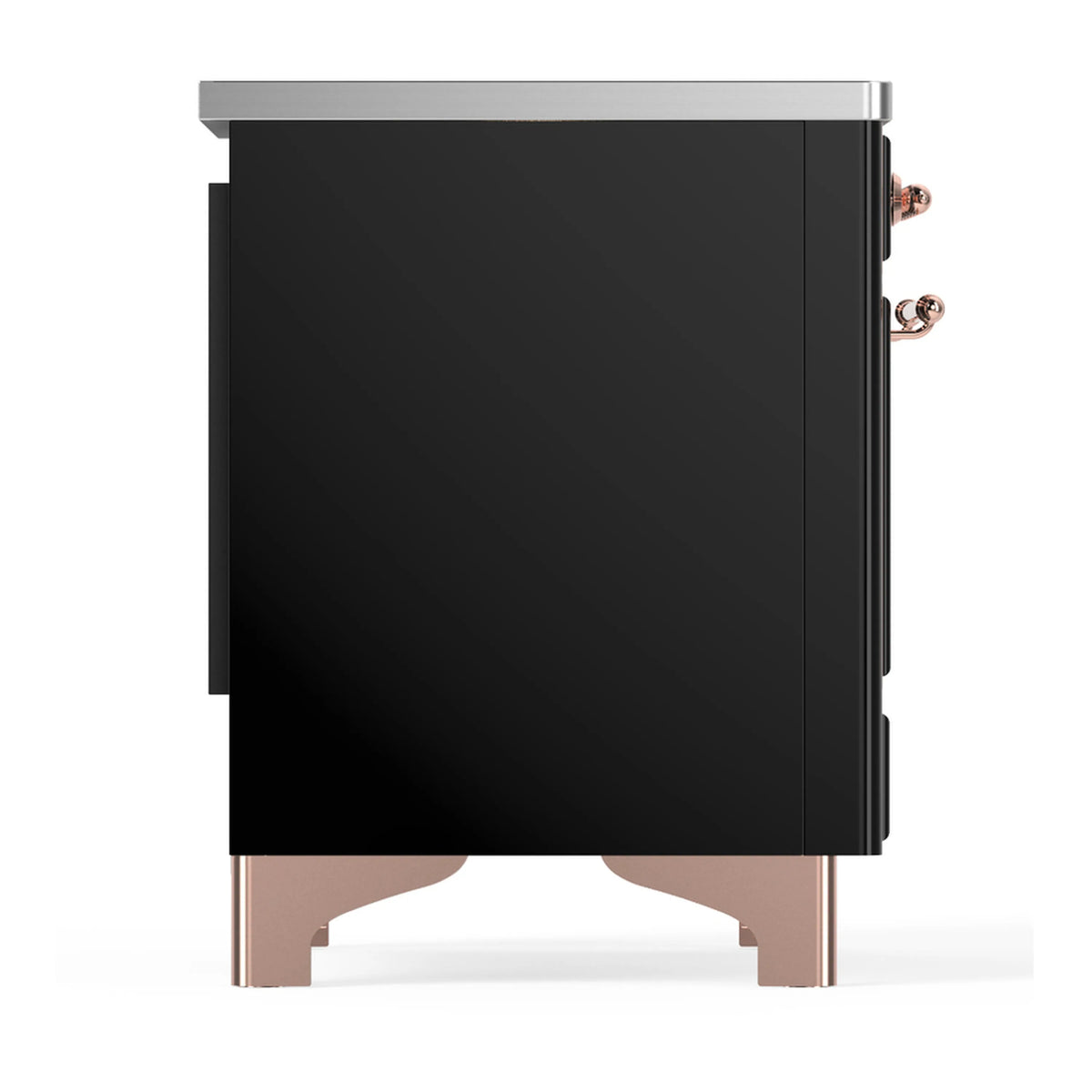 Glossy black side panel of induction range with copper handle and metal feet