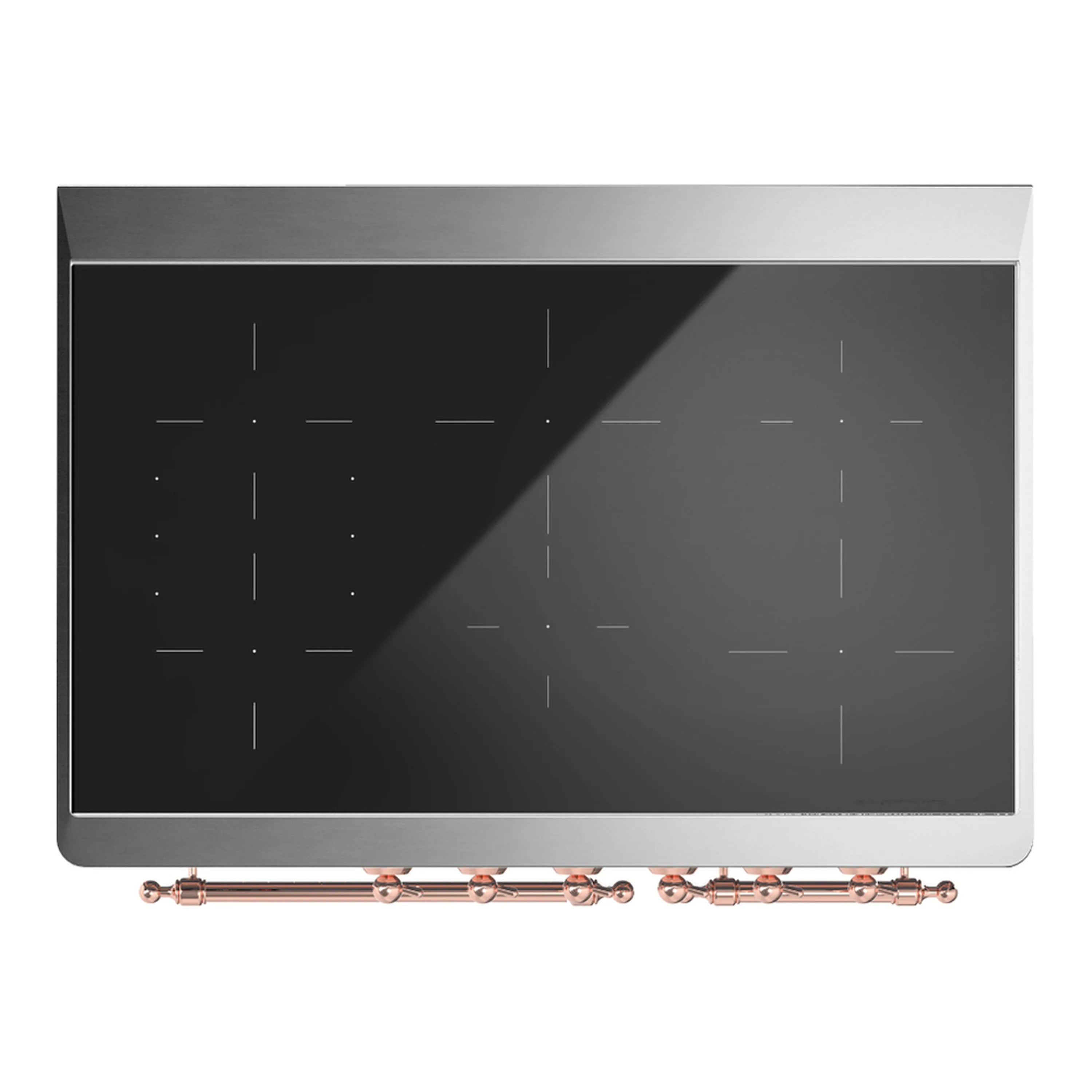 Glossy black oven drawer front panel with copper trim accents and control knobs below