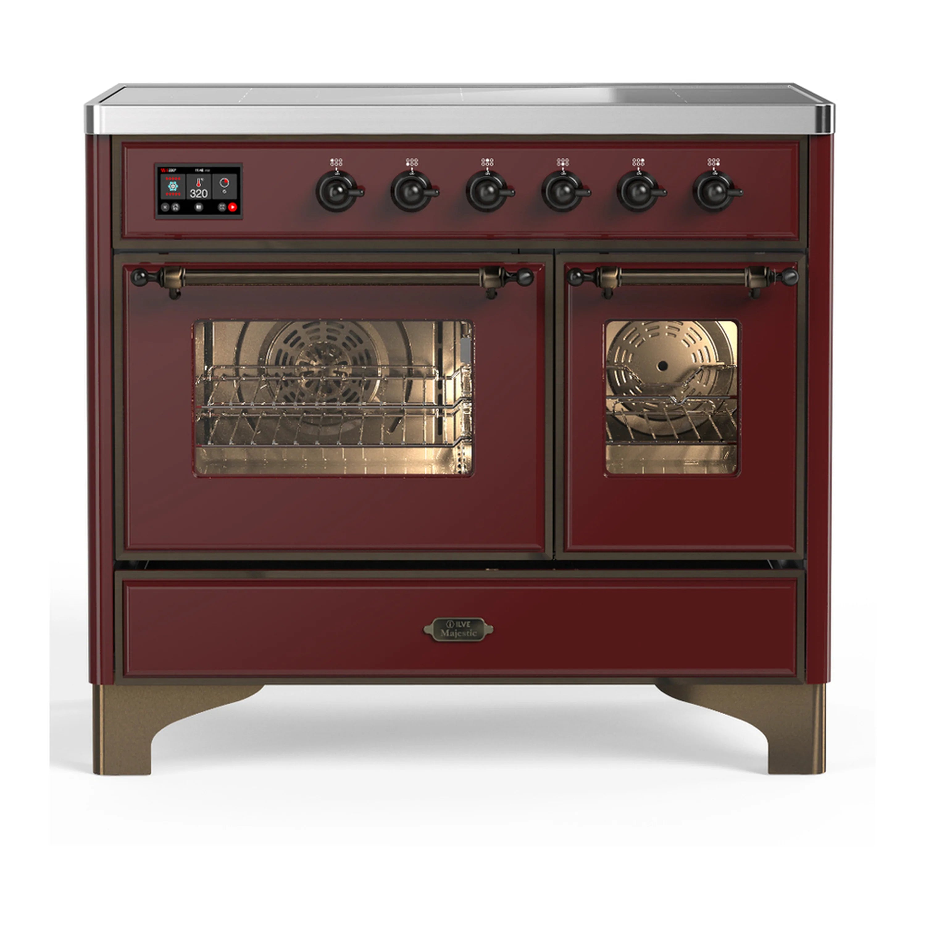 Burgundy induction range with two open oven doors and stainless trim, showing wire racks