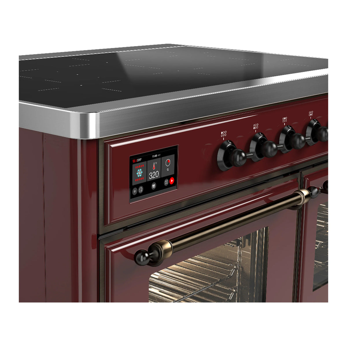 Burgundy induction range control panel with digital display and rotary knobs, stainless trim