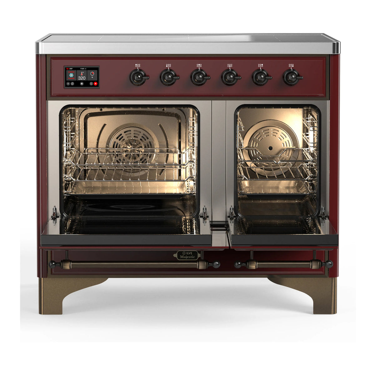Burgundy induction range with both ovens open, stainless interior, and illuminated baking racks