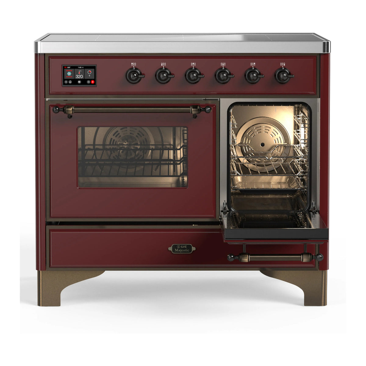 Burgundy induction range with left oven door closed and right oven door open, stainless interior