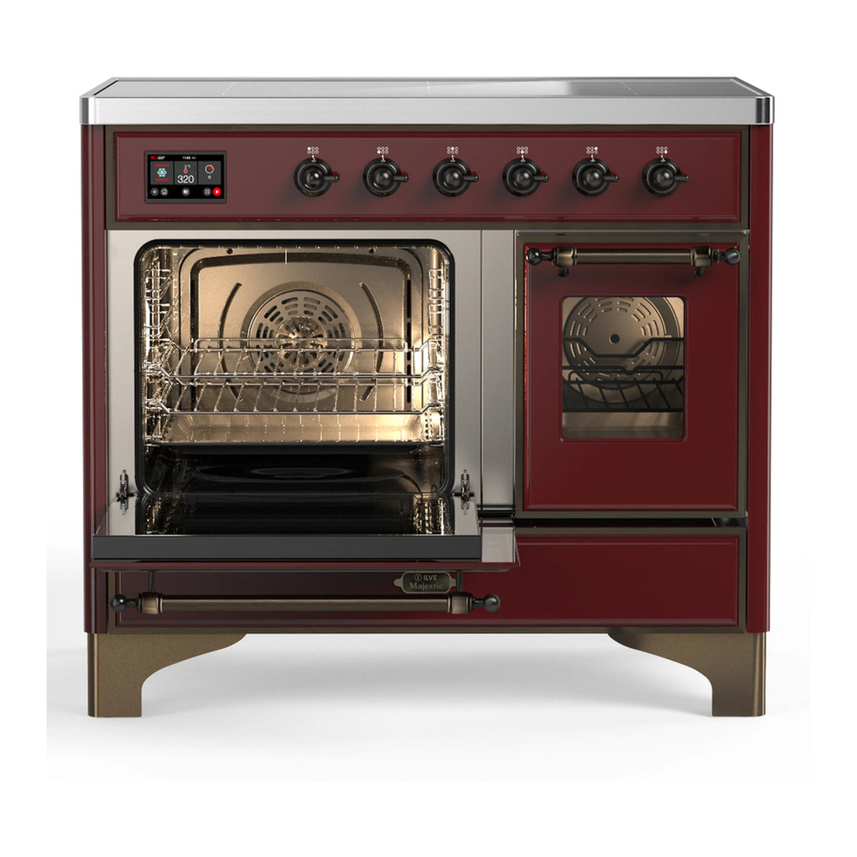 Burgundy induction range with left oven door open and right oven door closed, glass window