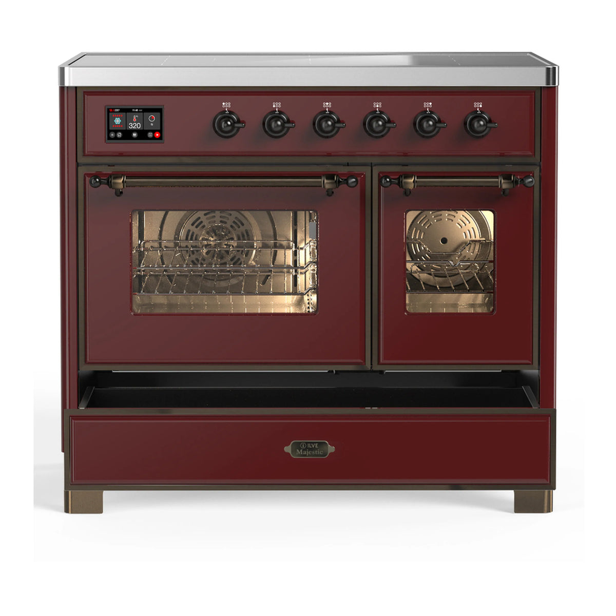 Burgundy induction range with closed oven doors and open lower storage drawer, stainless trim