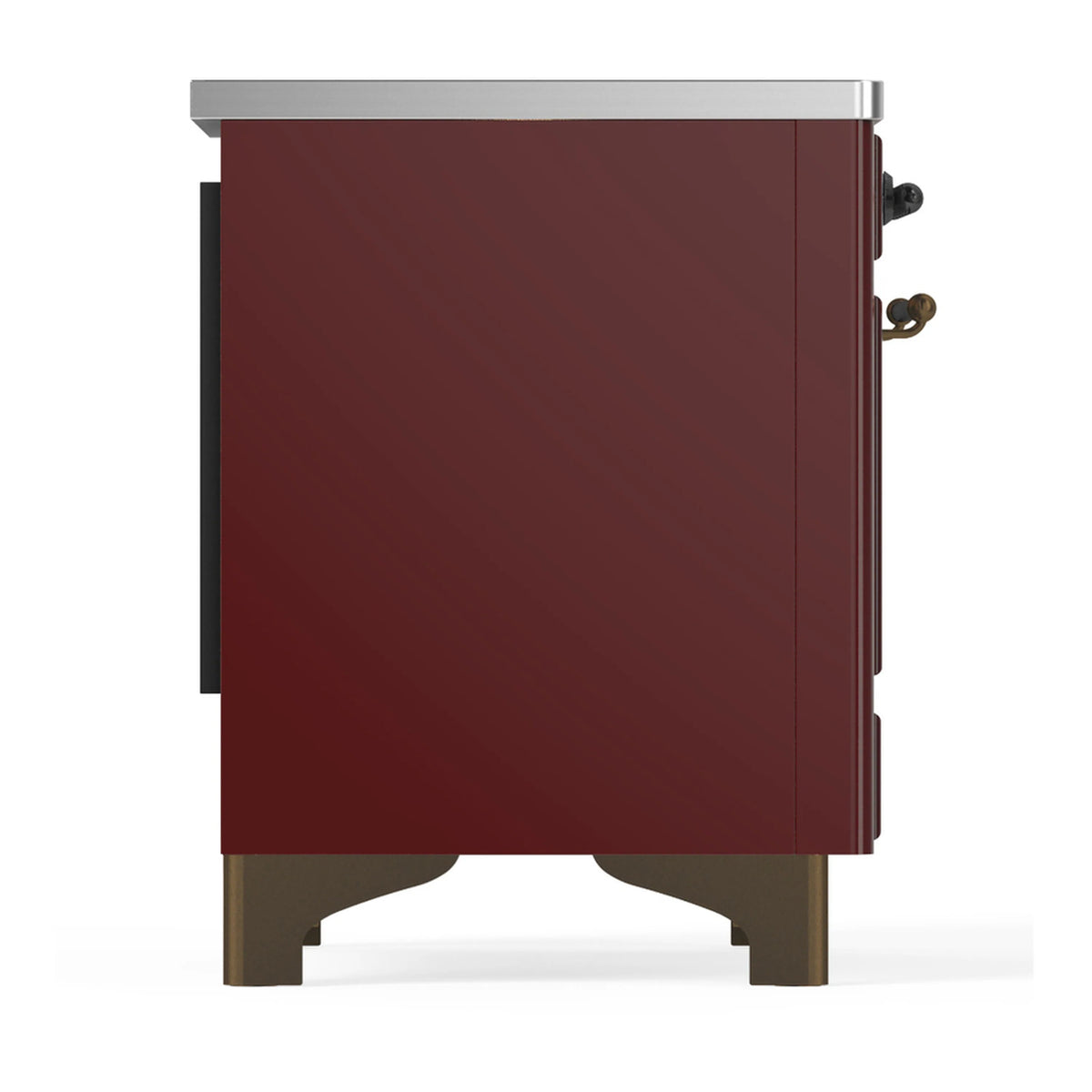 Burgundy induction range side panel with stainless top trim and metal control knobs