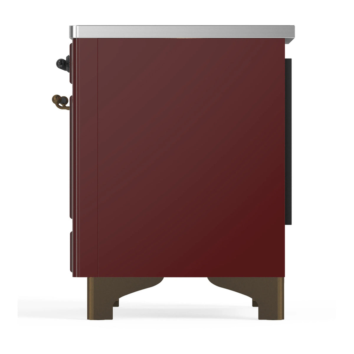 Burgundy induction range back side panel with stainless top trim and mounted side knobs