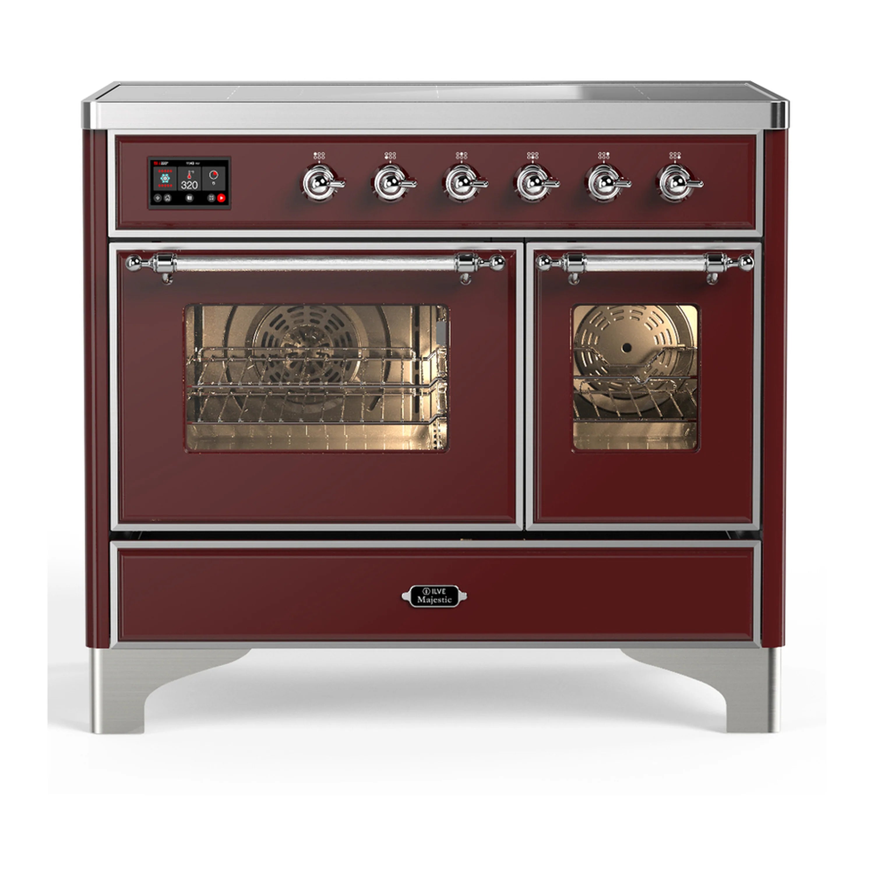 Burgundy induction range with chrome trim, double glass oven doors and control panel