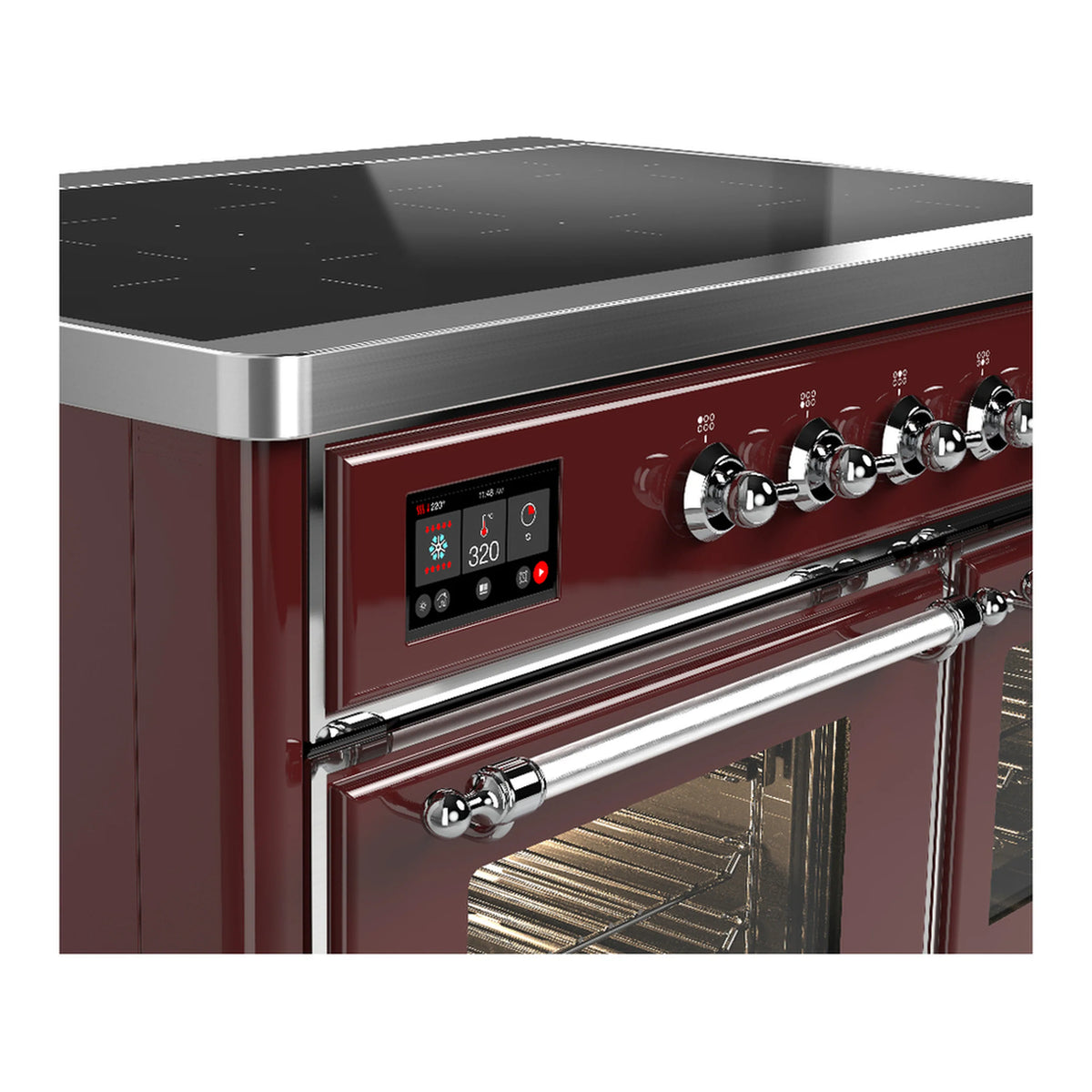 Burgundy induction range side view with chrome control knobs and digital display