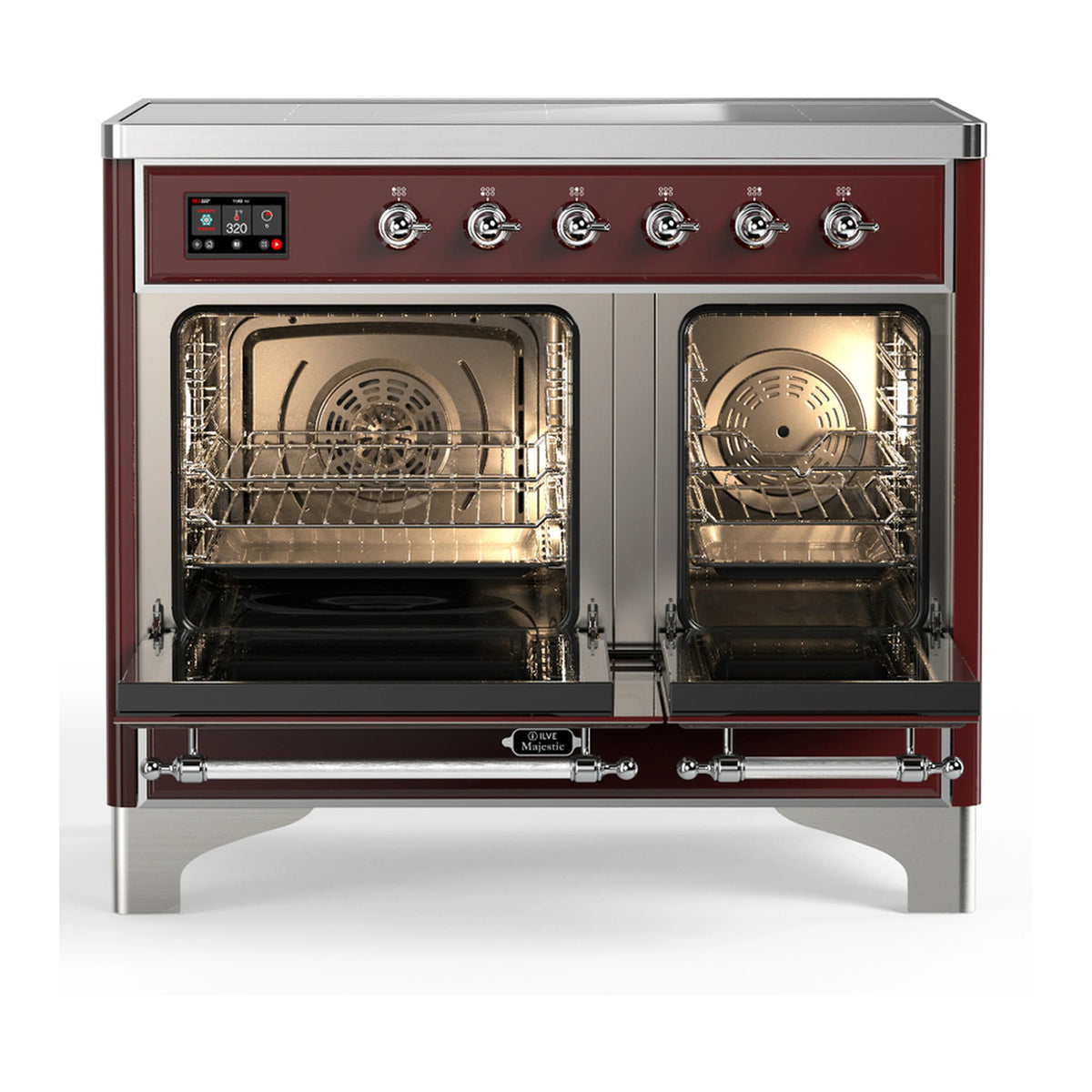 Burgundy induction range with two open oven doors showing racks and interior light