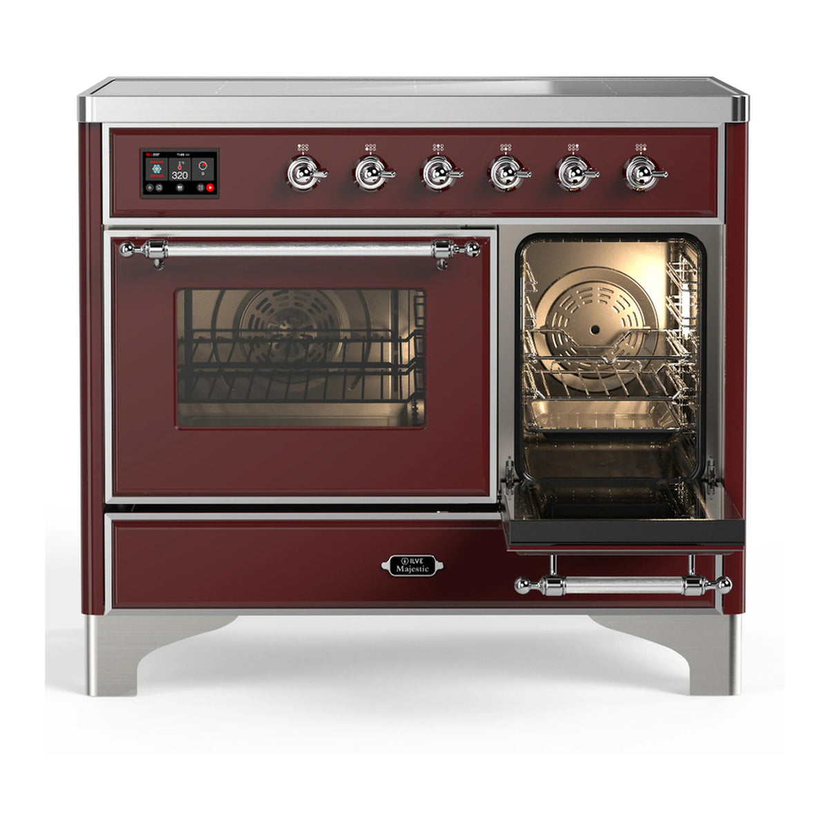 Burgundy induction range with one oven door open, lit interior and oven racks visible