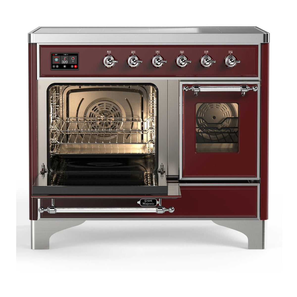 Burgundy induction range with open oven doors, one door with mesh cover visible