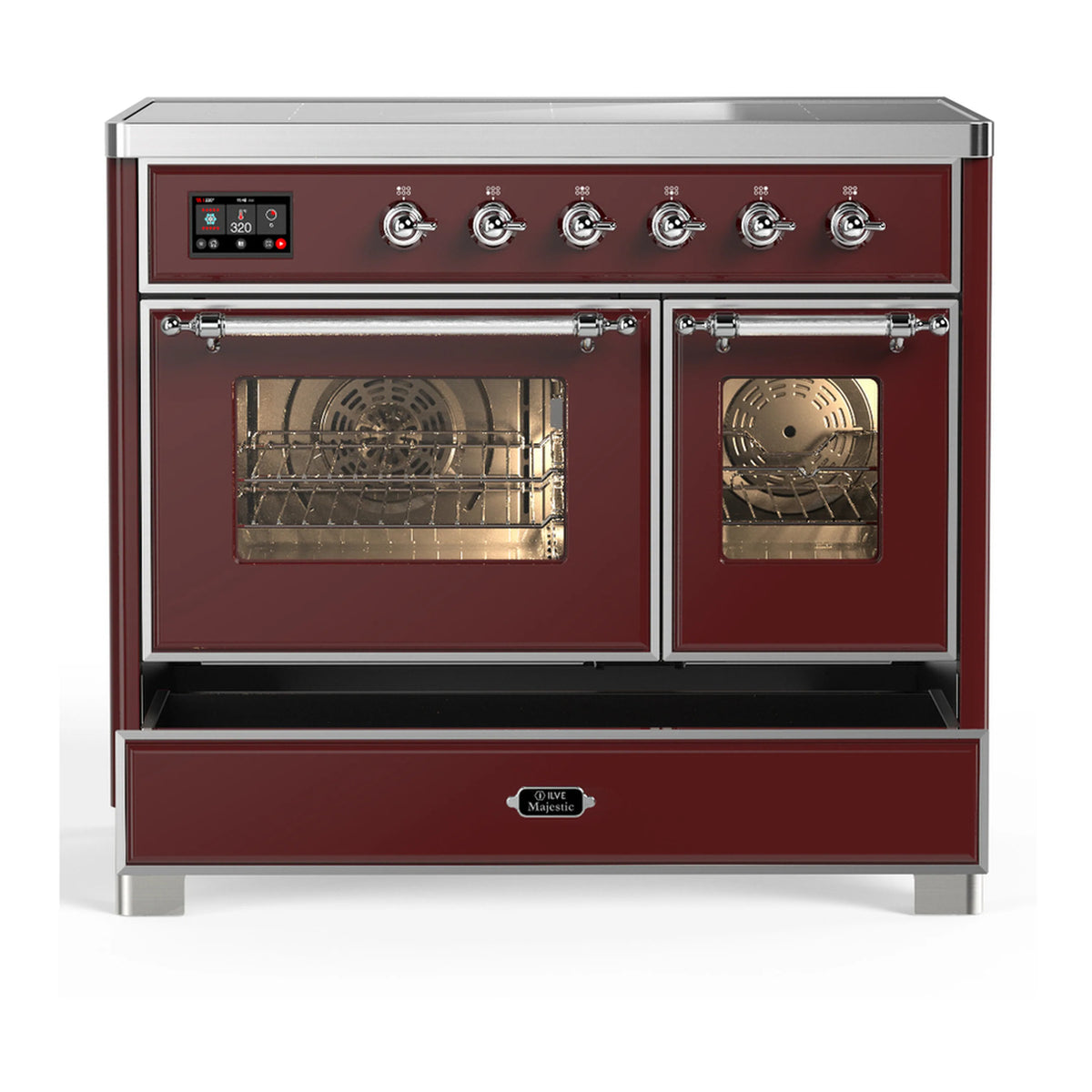 Burgundy induction range with front view, both oven doors closed and control knobs