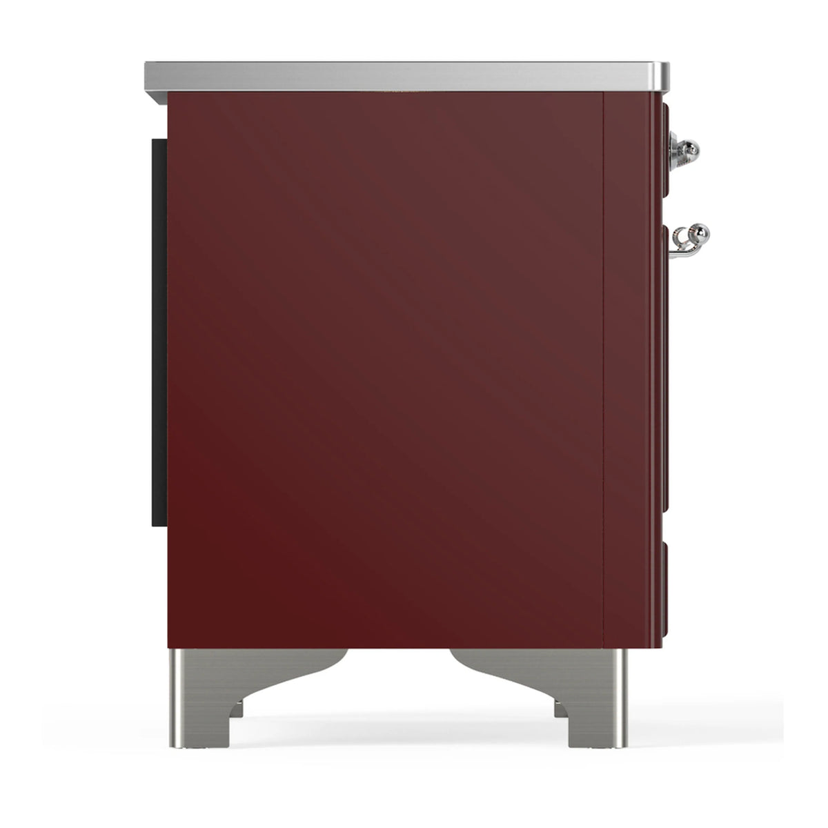 Burgundy induction range rear-side panel with chrome top and feet supports