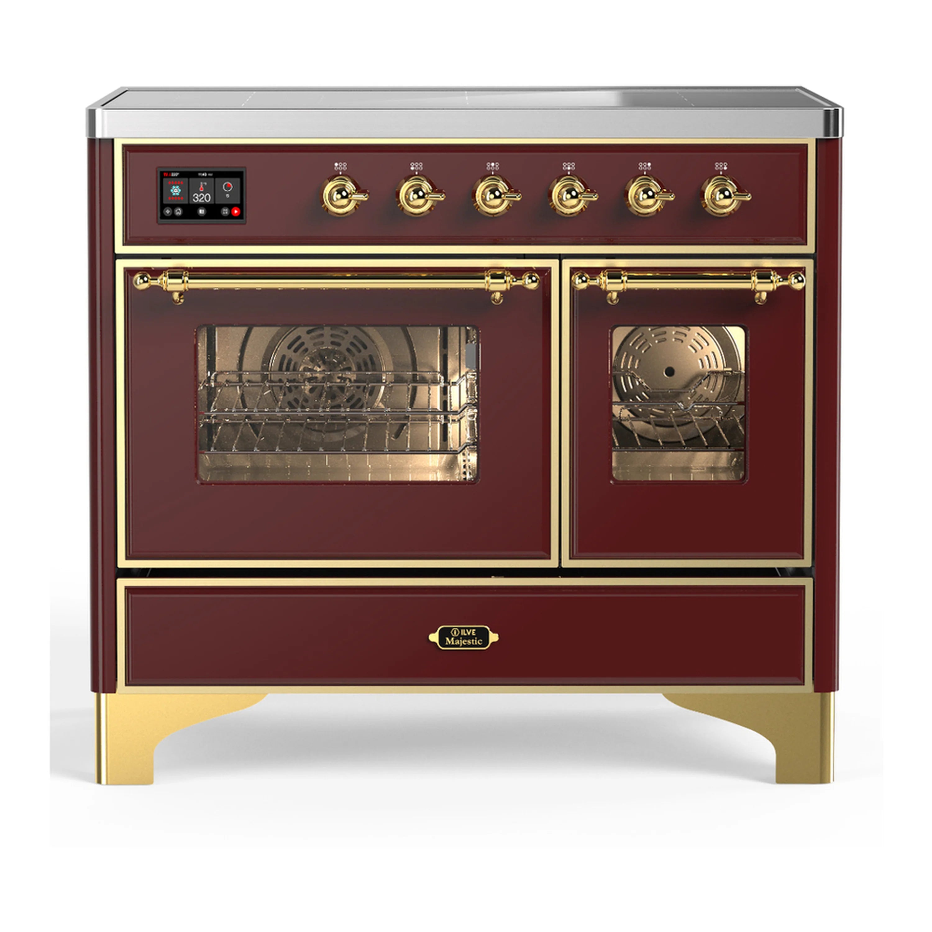 Burgundy induction range with triple-glass electric oven doors and brass trim, front view