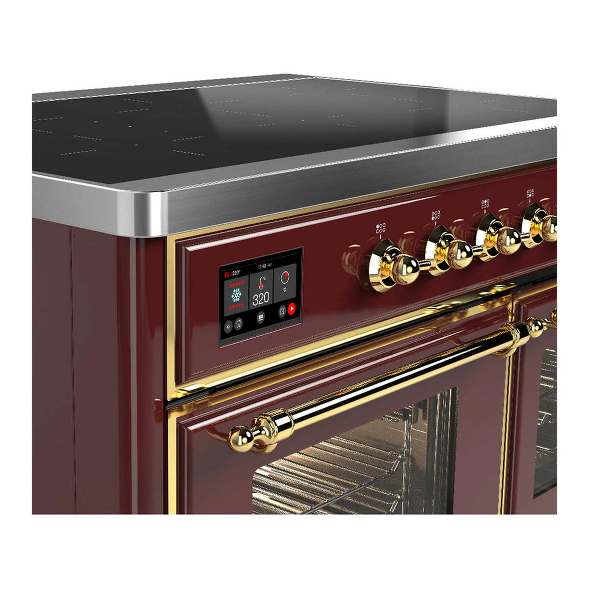Burgundy induction range control panel with gold/brass knobs and digital display detail