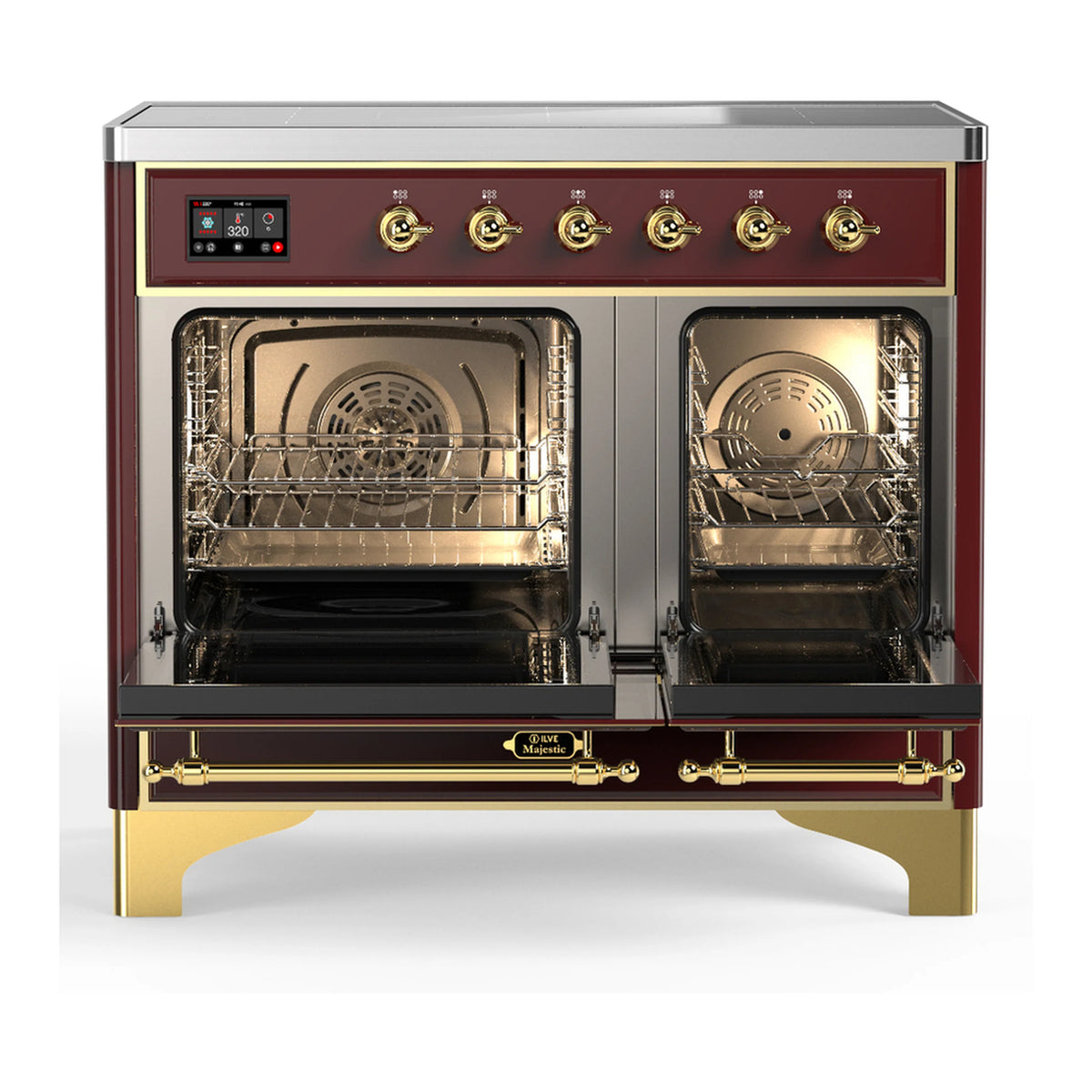 Burgundy electric oven doors open, showing racks and fan inside with brass trim