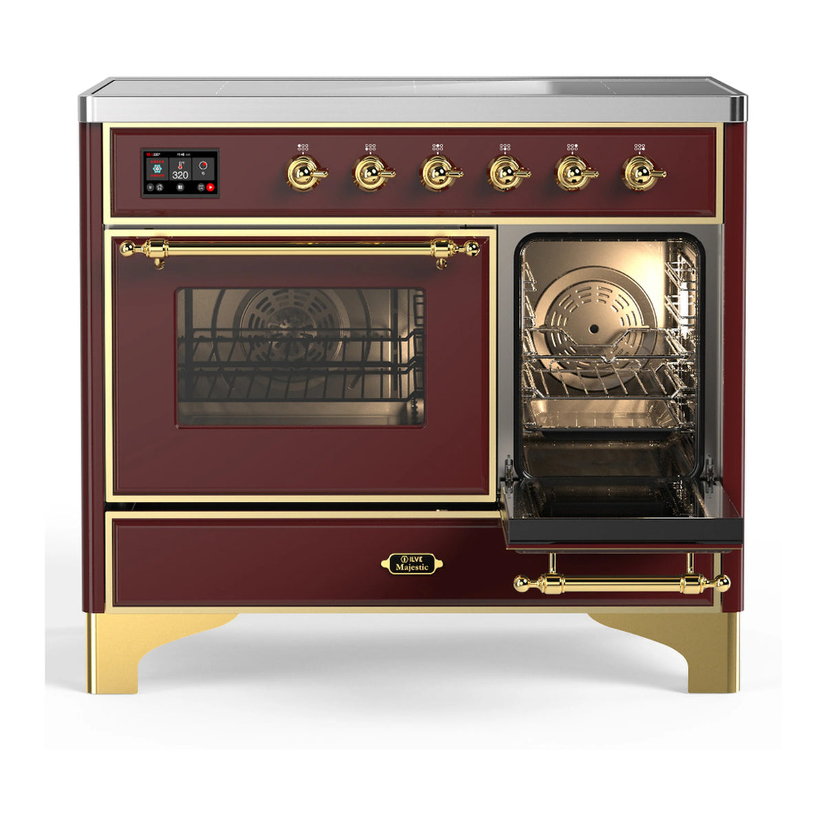 Burgundy induction range with oven door open and visible racks, brass trim detail