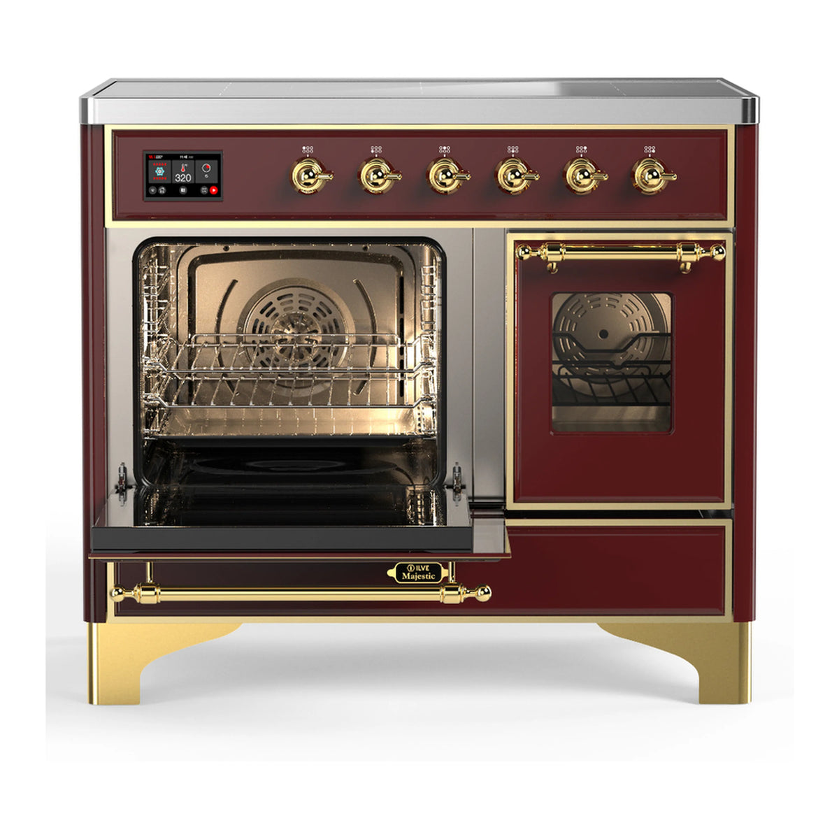Burgundy induction range with one oven door open, showing interior racks and fan