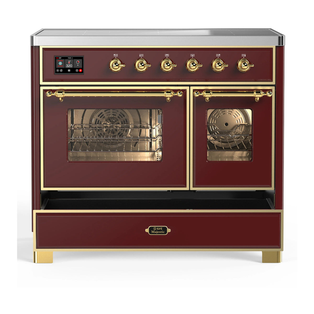 Burgundy induction range with both oven doors closed and brass hardware, front view