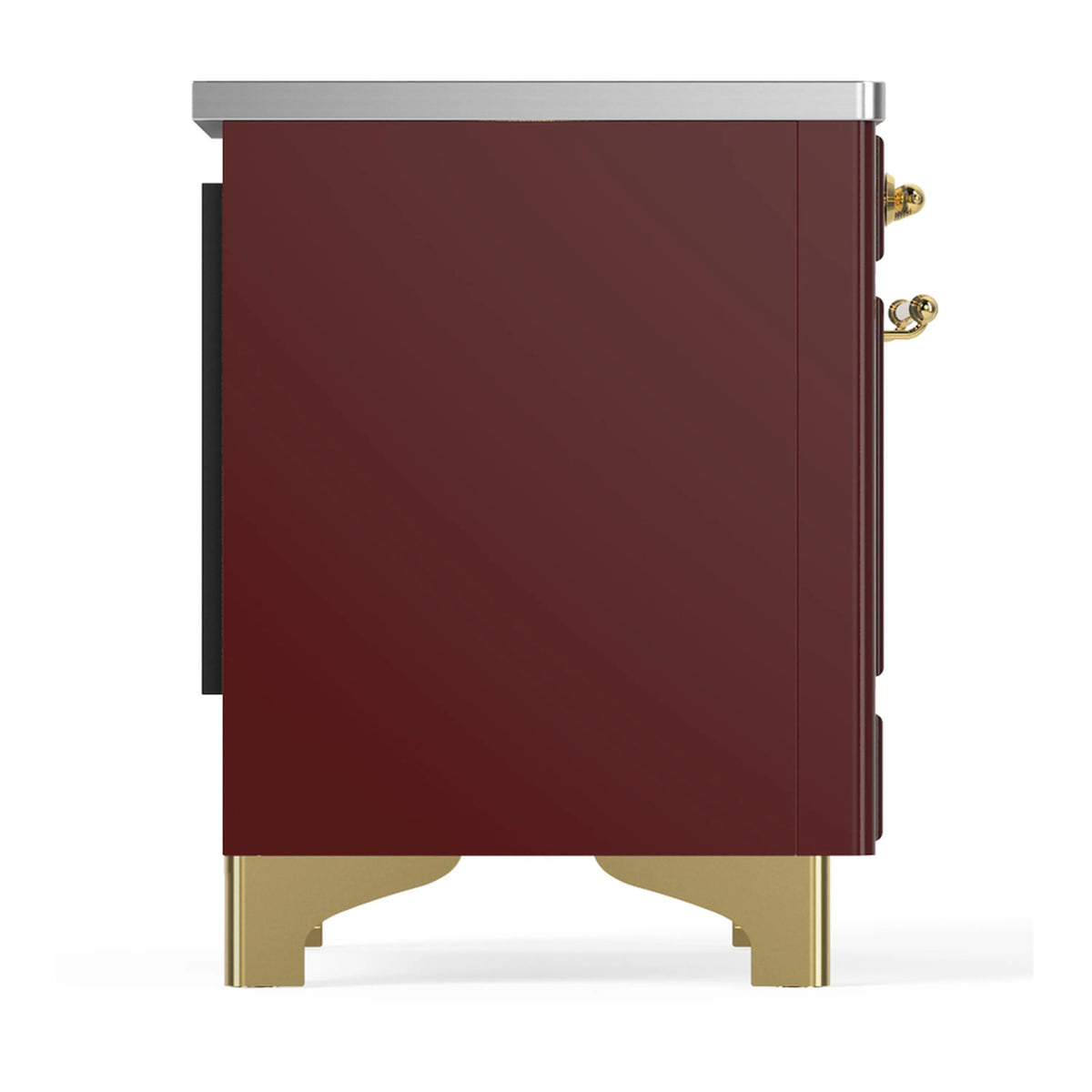 Burgundy side panel of induction range with stainless top and brass handle hardware