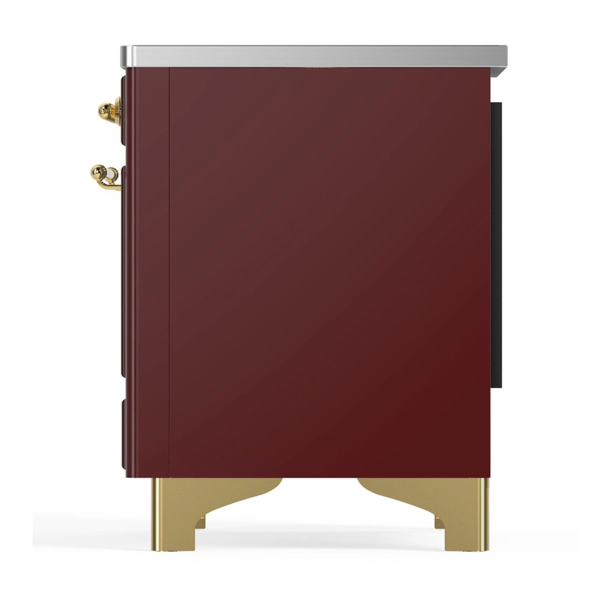 Back side panel of burgundy induction range with brass feet and handle hardware