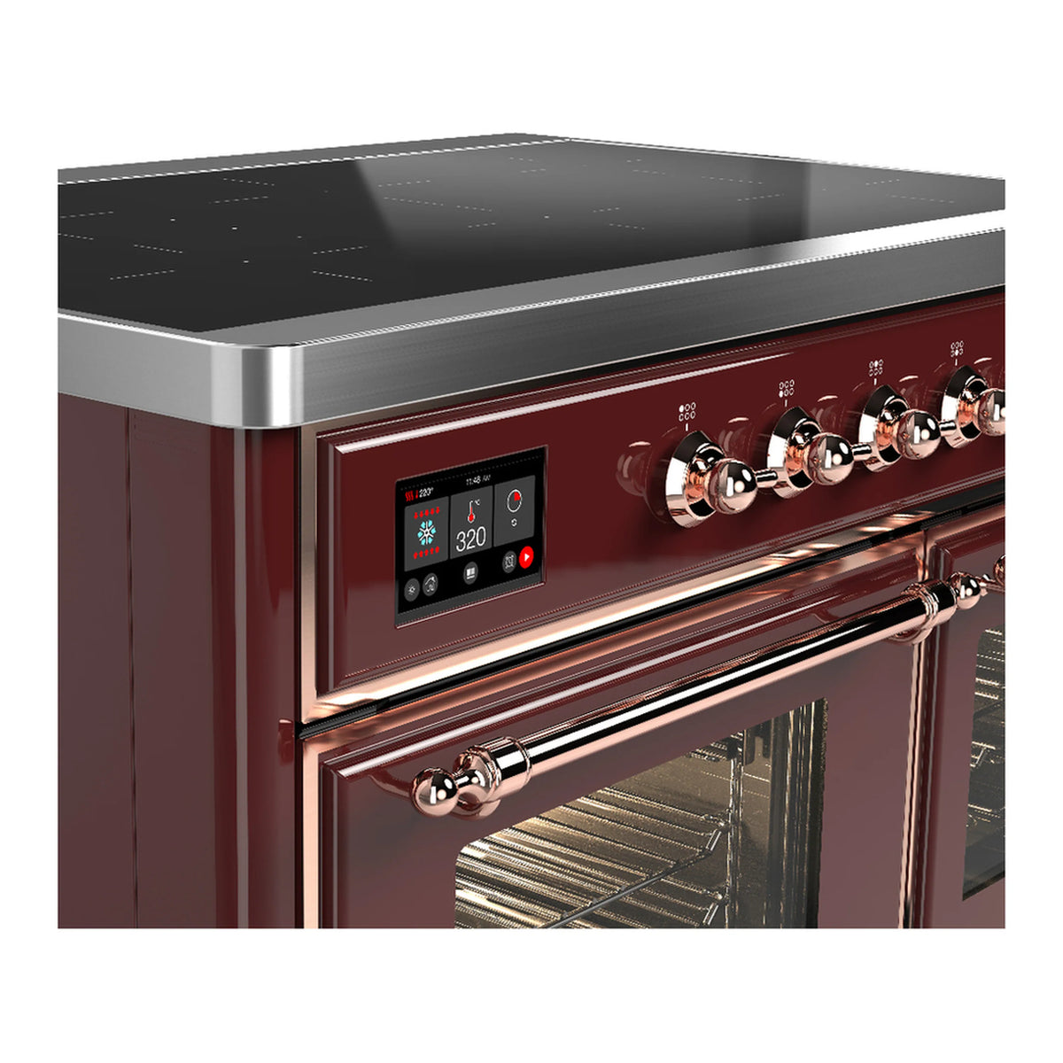 Burgundy induction range control panel with digital display and copper-trimmed oven handle