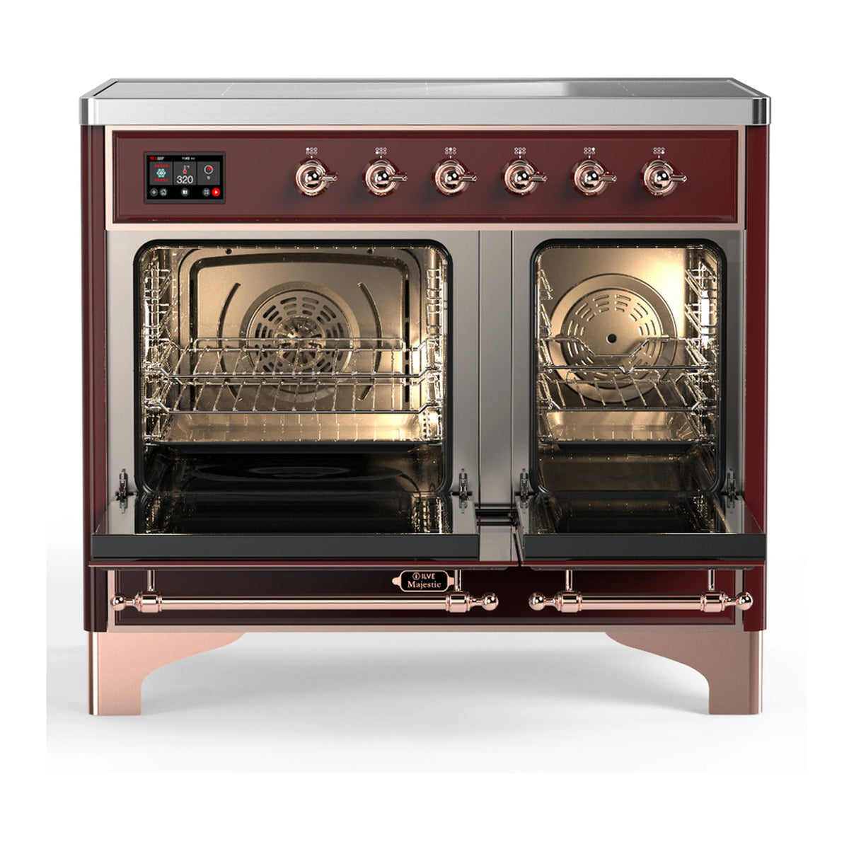 Burgundy induction range with open oven doors showing racks and glass interior