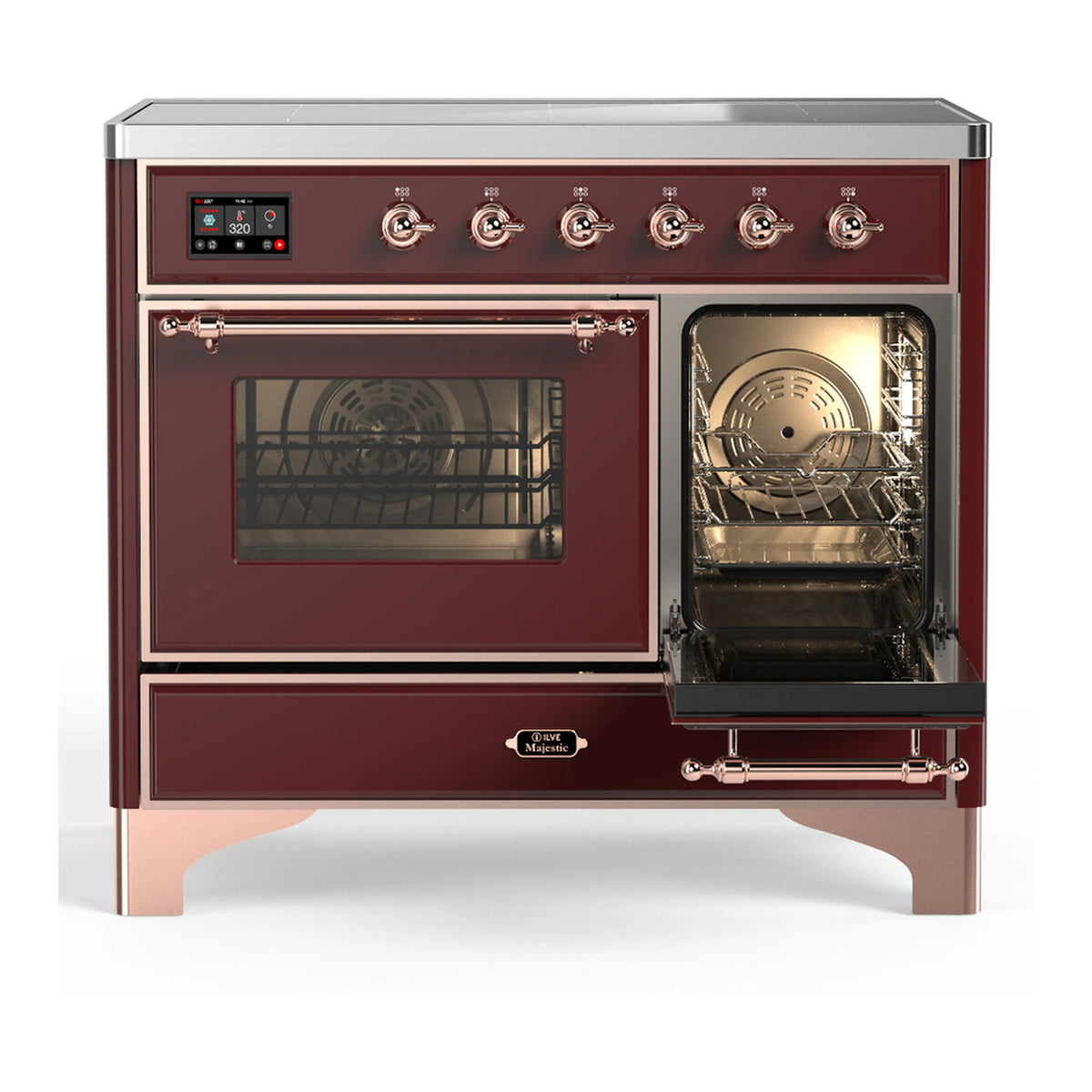 Burgundy induction range with one open oven door and copper-trimmed glass window