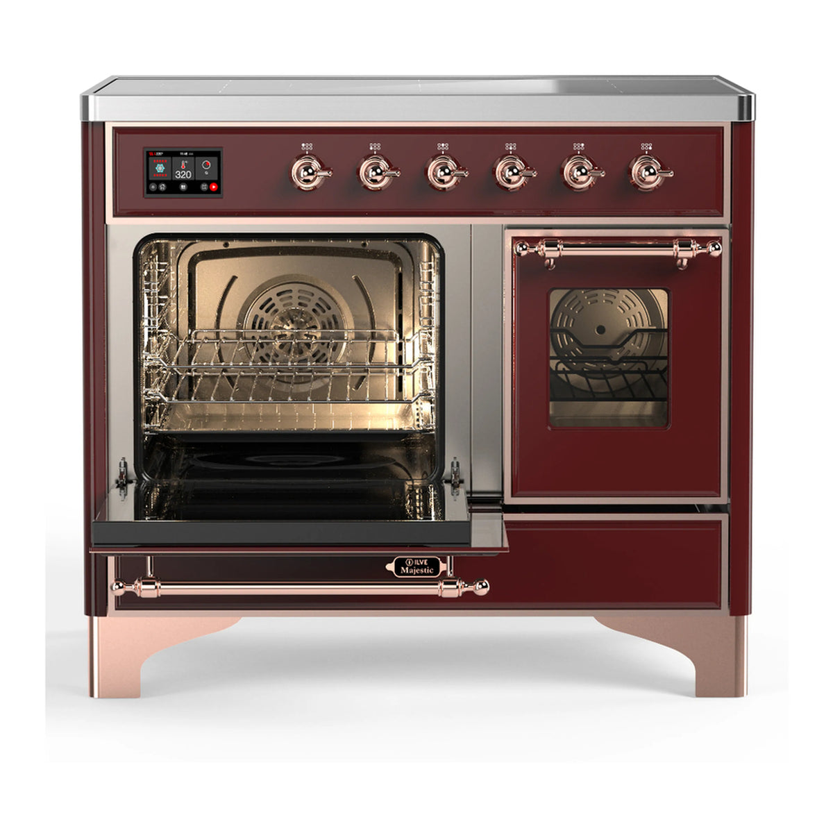 Burgundy induction range with both oven doors open, stainless interior racks visible