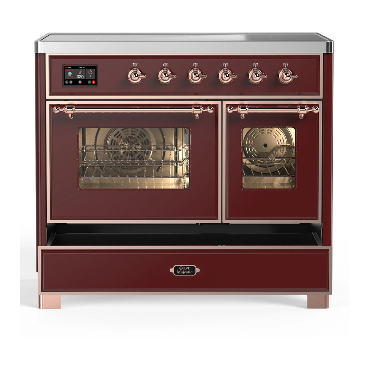 Burgundy induction range with dual oven doors closed and central oven door window