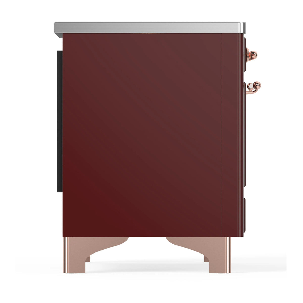 Burgundy side panel of an induction range with copper handles and stainless top
