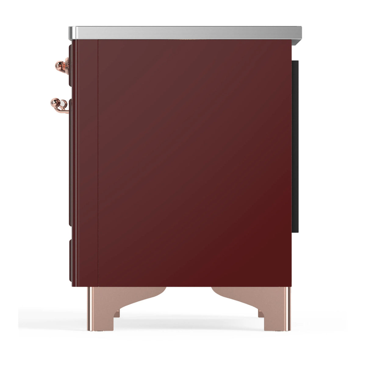 Burgundy side view of an induction range with copper trim, stainless top, and feet