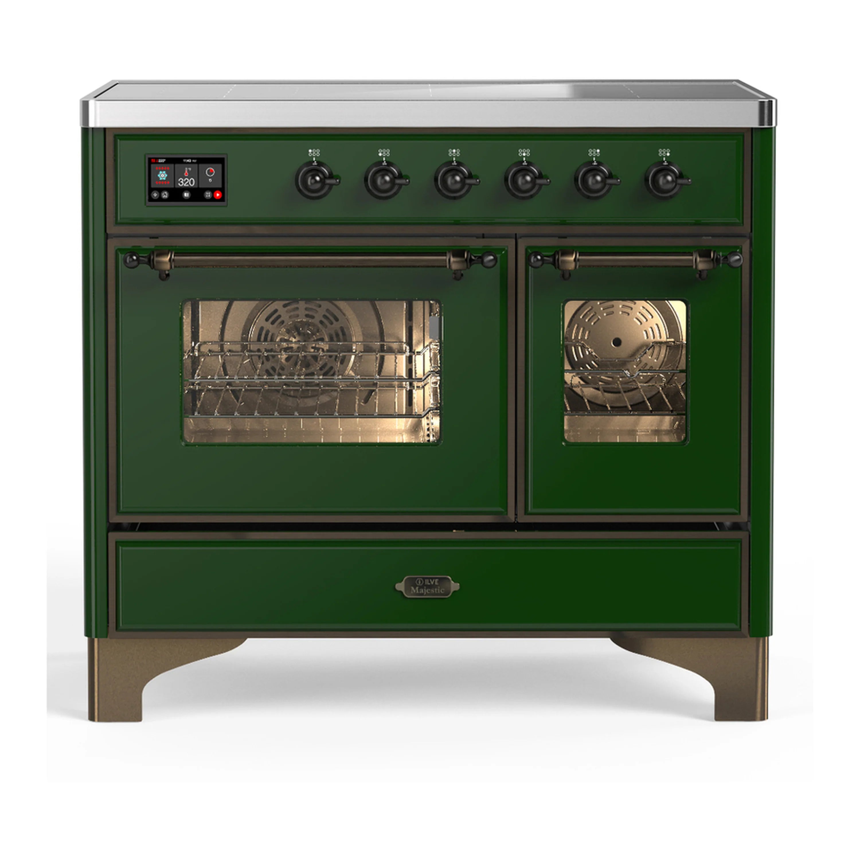 Emerald green induction range with 6 cooktop burners and two triple-glass oven doors