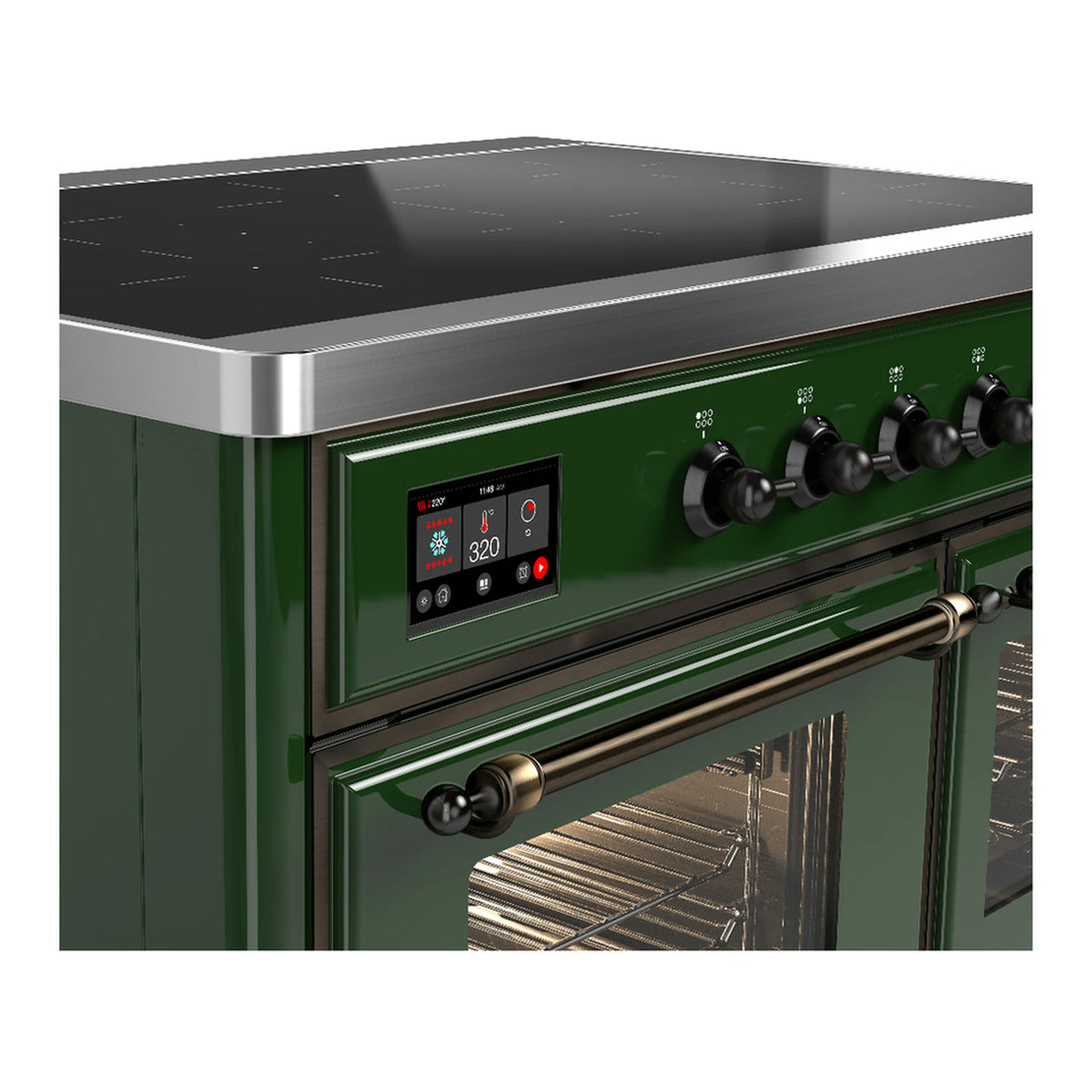 Induction range control panel with digital display, burner knobs, and oven handle