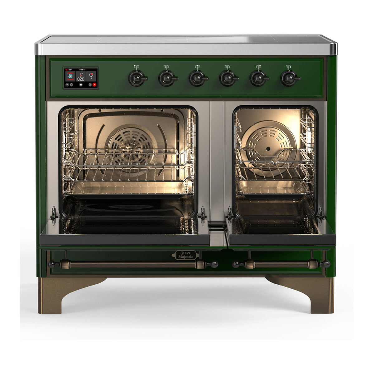 Emerald green induction range with both oven doors open and wire racks inside