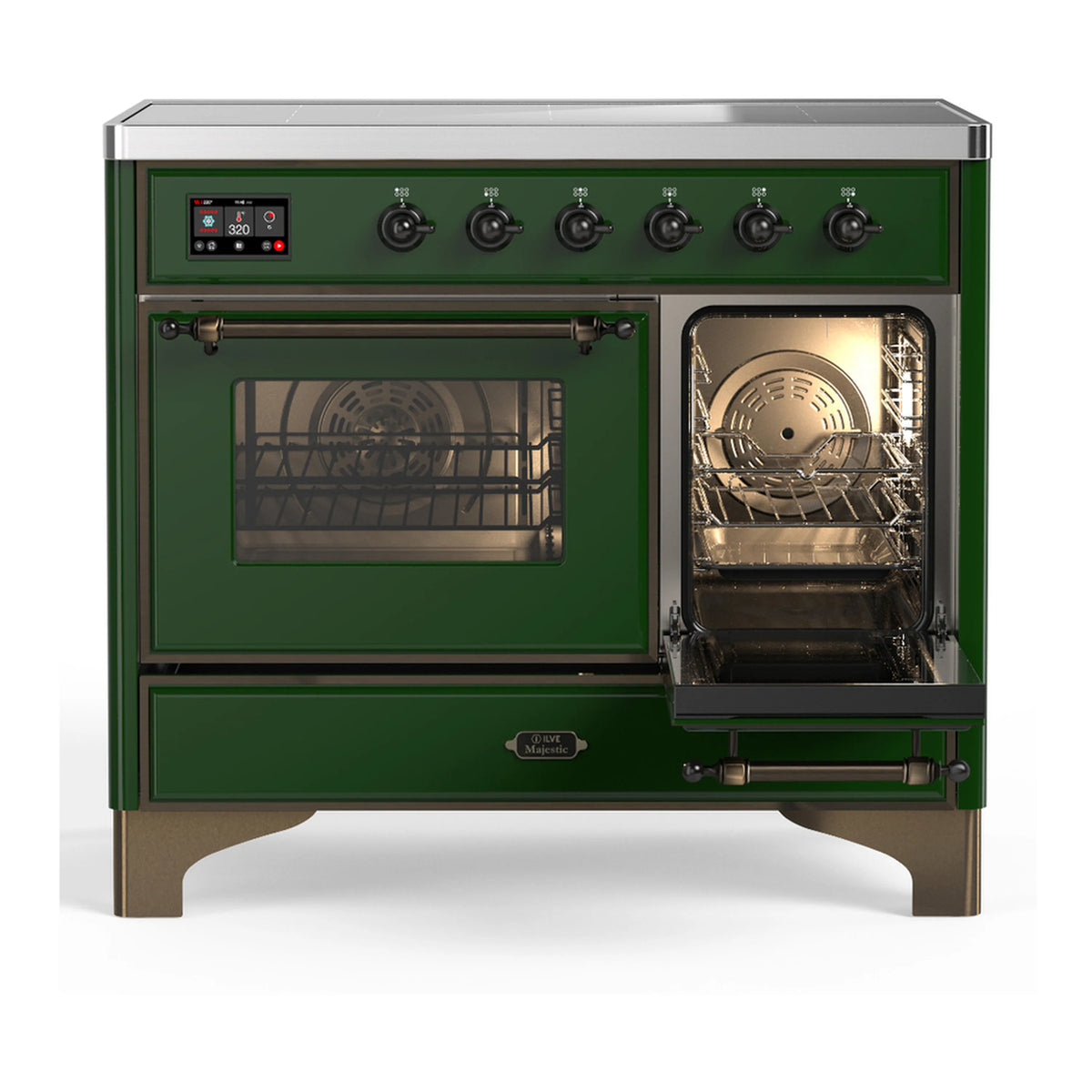 Emerald green induction range with left oven door window and right oven door open