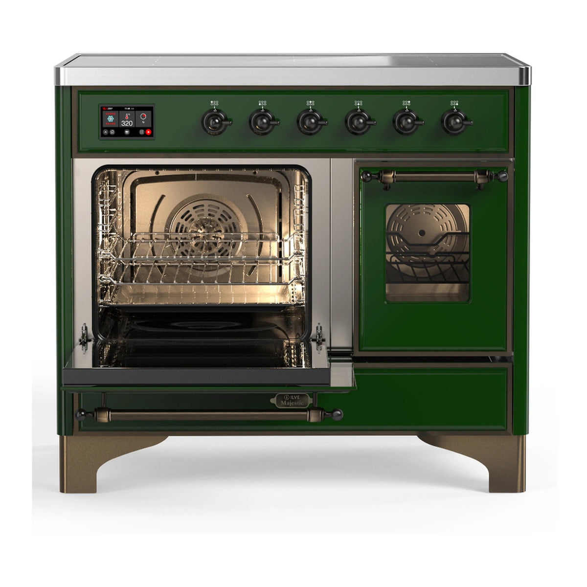 Emerald green induction range with one oven door open, showing wire racks and bake space