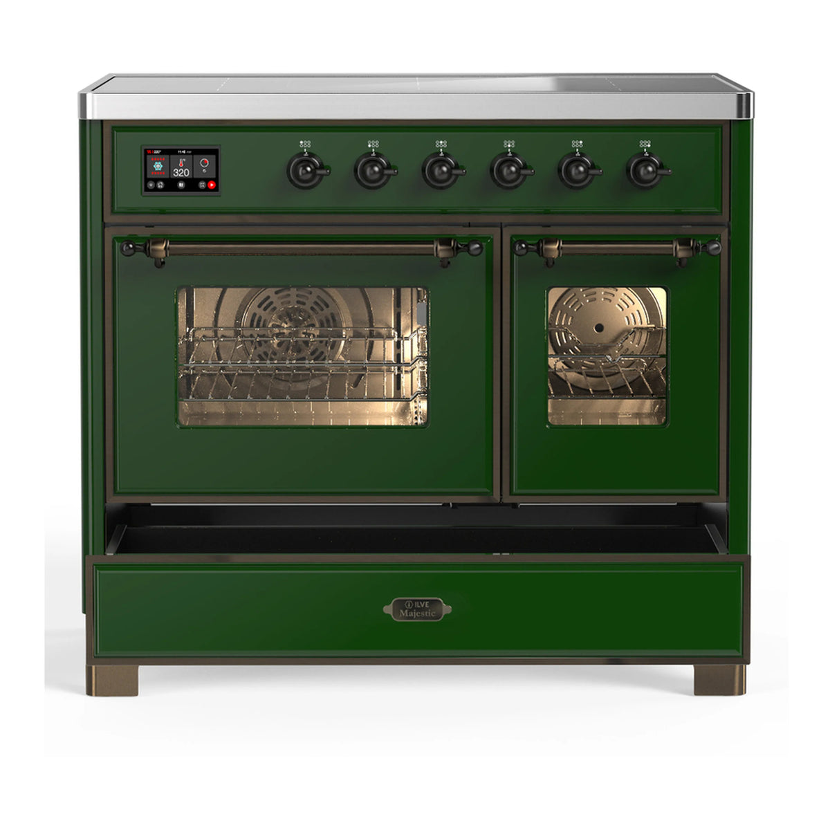 Emerald green induction range front view with cooktop controls and open oven doors