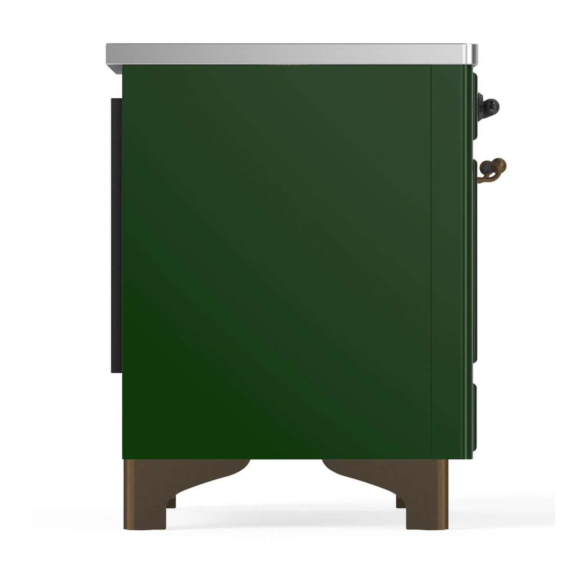 Emerald green side panel with stainless top trim and brass-colored feet