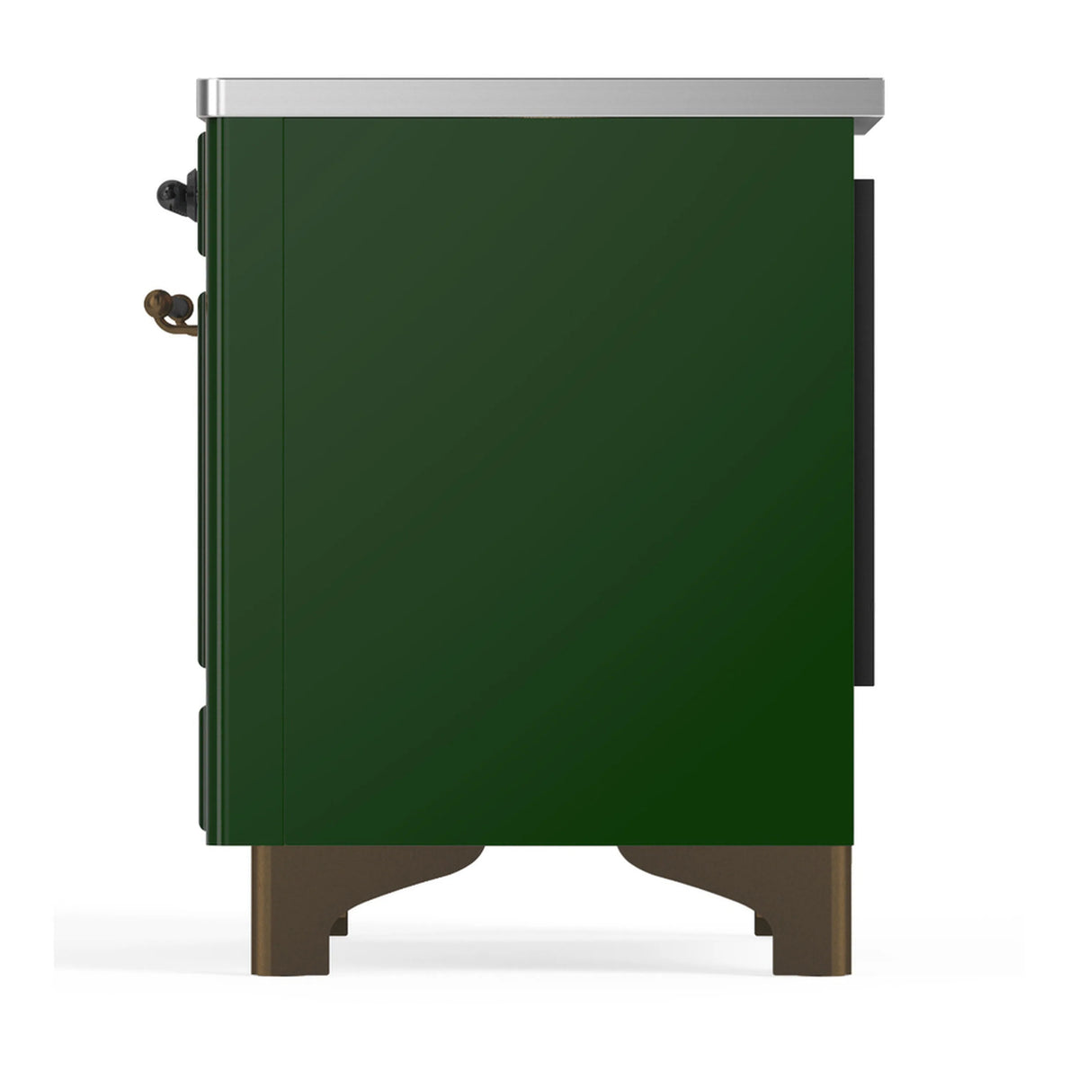 Emerald green rear side panel with stainless trim and brass-colored side handles