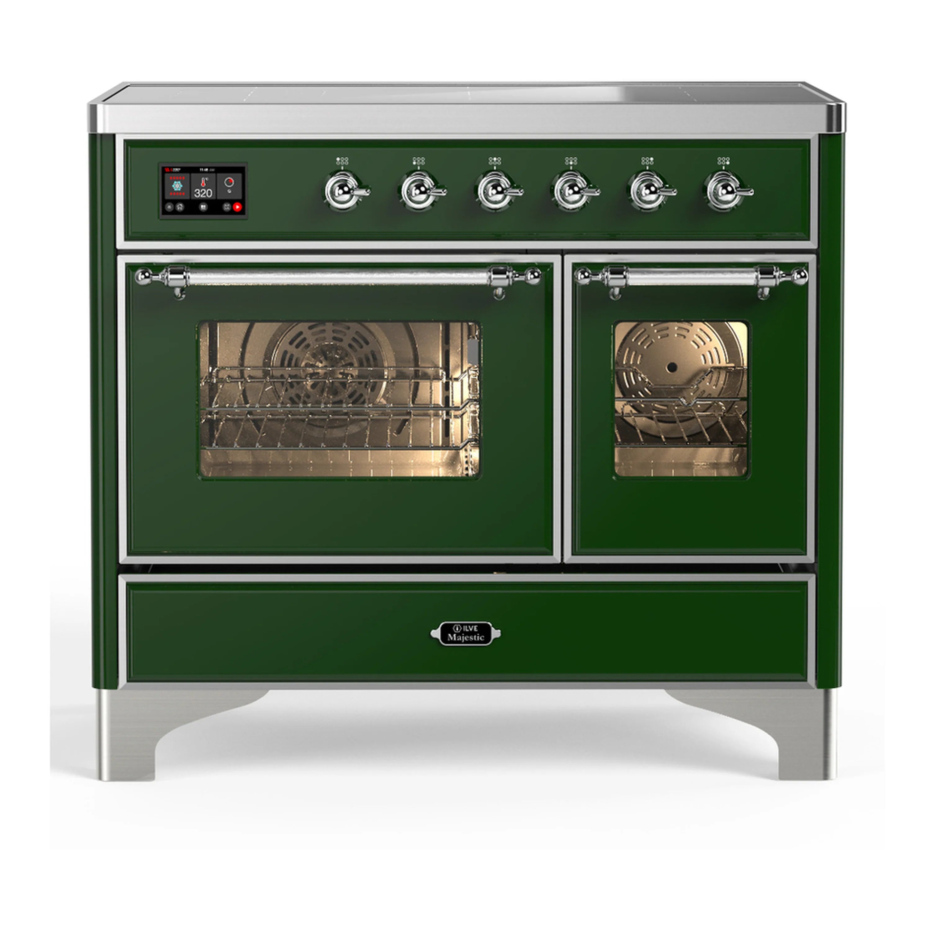 Emerald green induction range with chrome trim and two glass-front oven doors