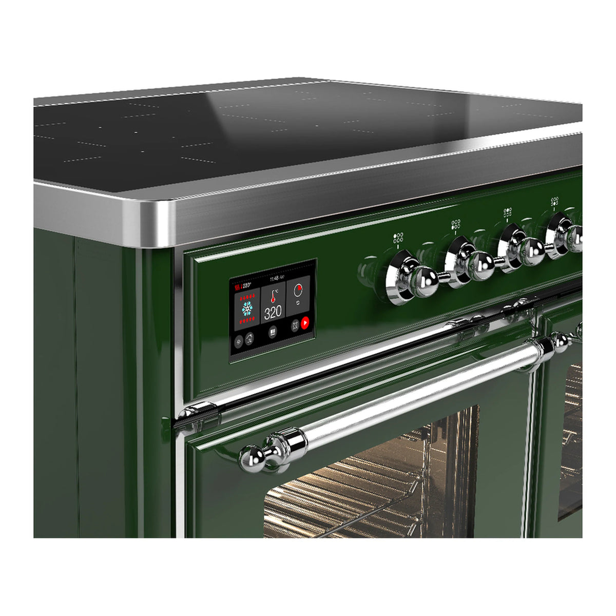 Induction range control panel with digital display, knobs, and chrome trim