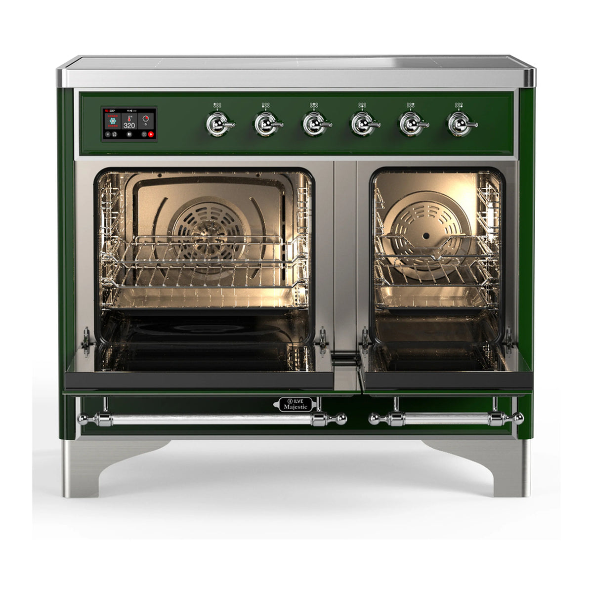 Emerald green range with two open ovens showing racks and circular fan elements