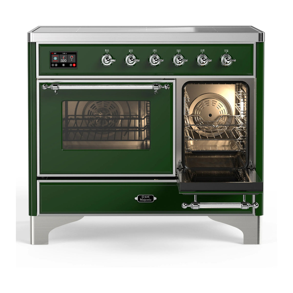 Emerald green range with one oven door open and interior lighting visible