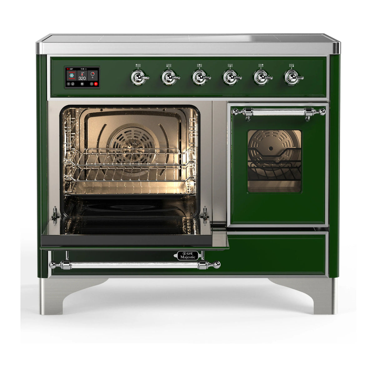 Emerald green induction range with both oven doors open and oven racks inside