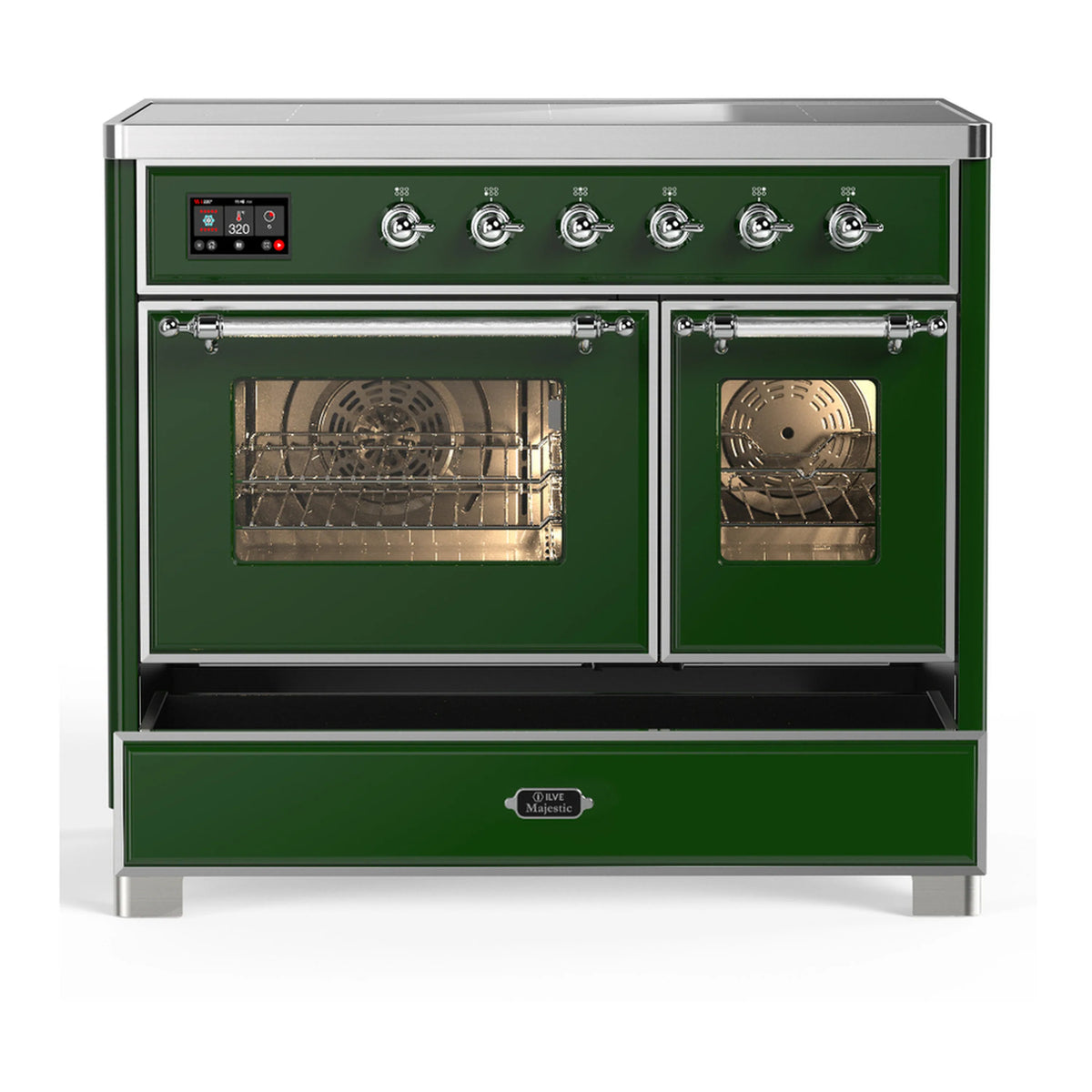 Emerald green induction range with ovens and lower drawer with chrome accents