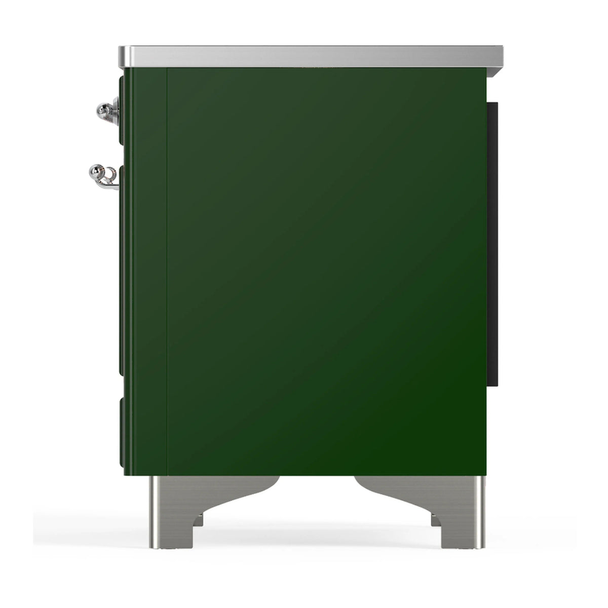 Side view of emerald green induction range with chrome edges and side handle