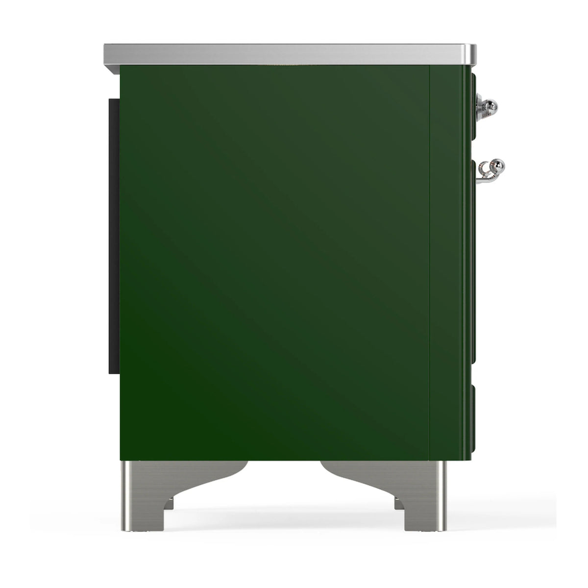 Rear-side view of emerald green induction range with chrome legs and handle