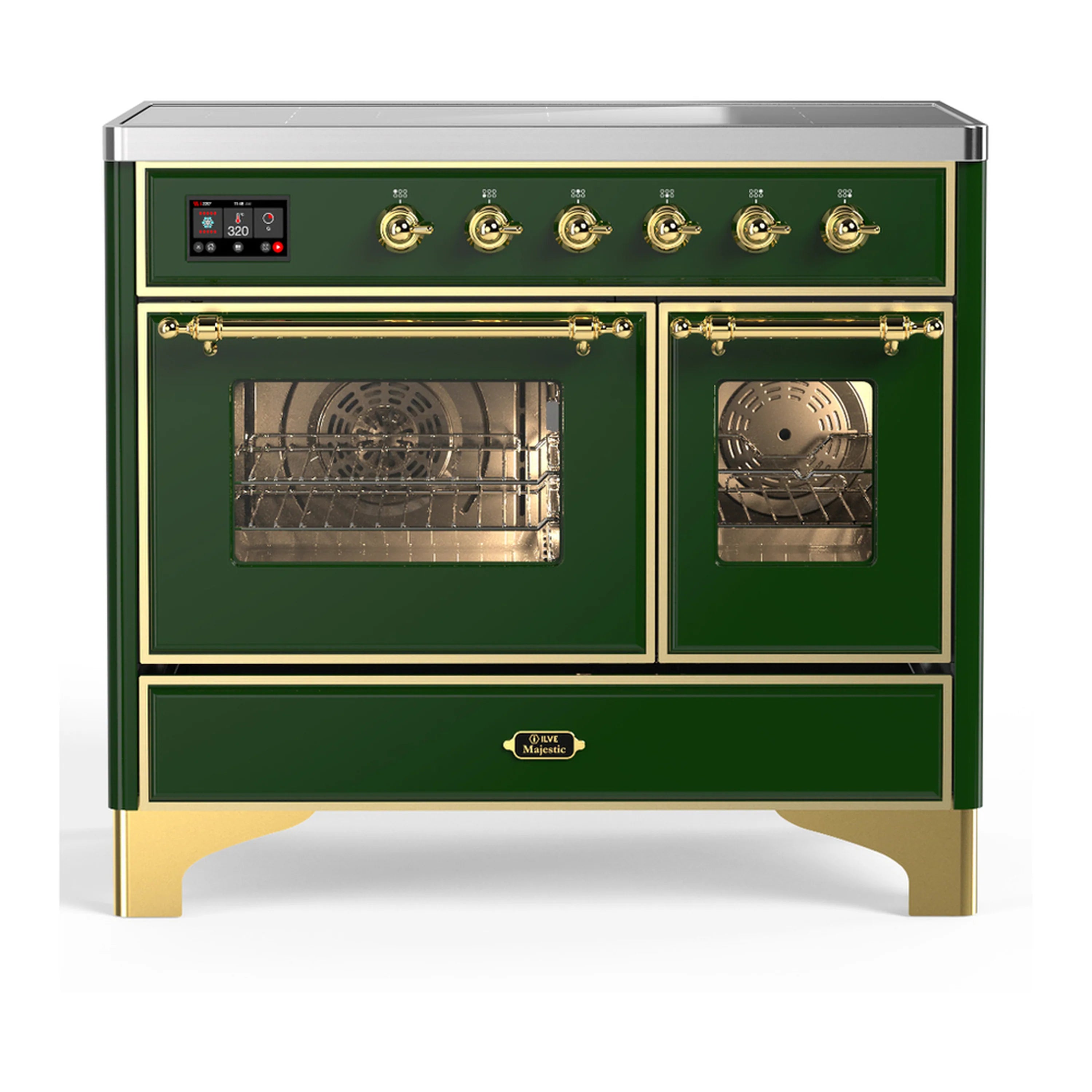 Emerald green induction range with brass knobs and two-pane glass oven doors